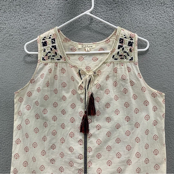 Solitaire Bohemian Preppy Embroidered Sleeveless Top Keyhole Tasseled Size S - Picture 7 of 11